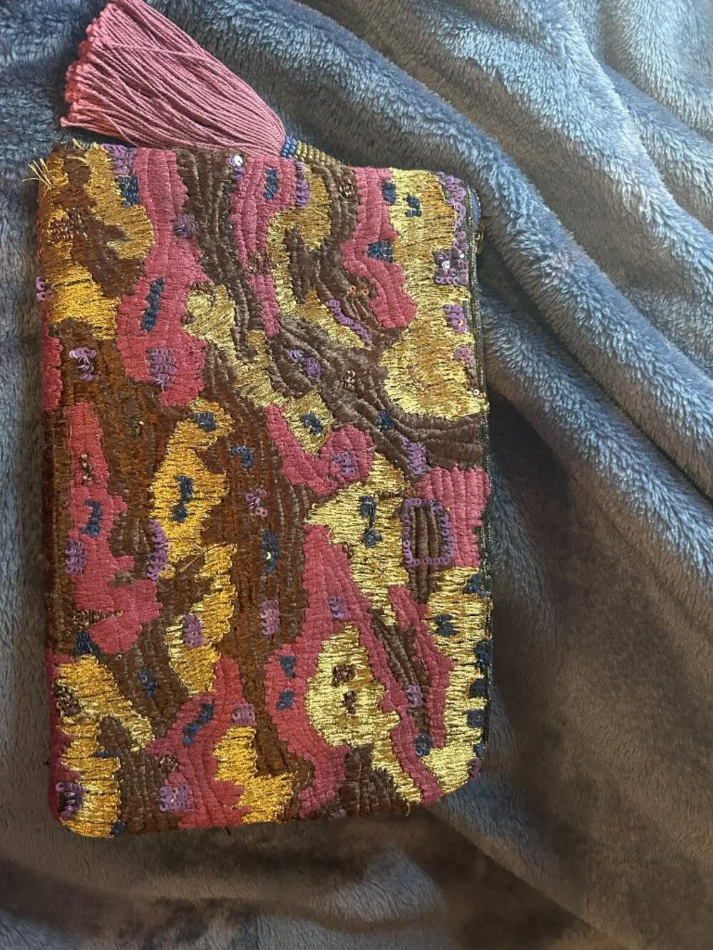 Anthroplogie Miss Albright Beaded Clutch Bag Zip close with Tassle